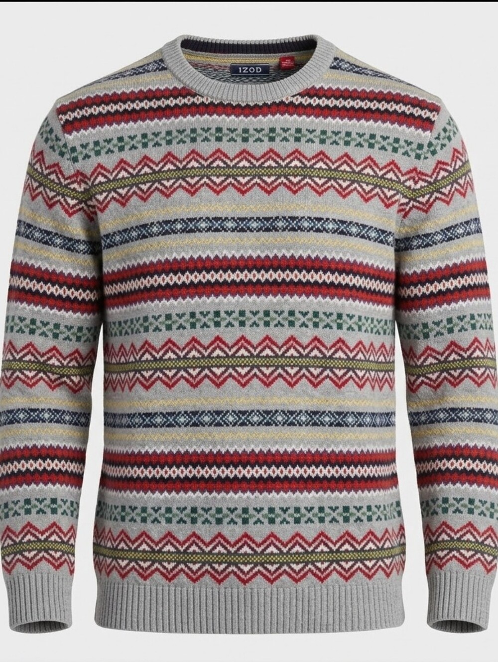 Vintage IZOD Grey Red Grandpa Fair Isle Nordic Casual Crewneck Men's Sweater XL